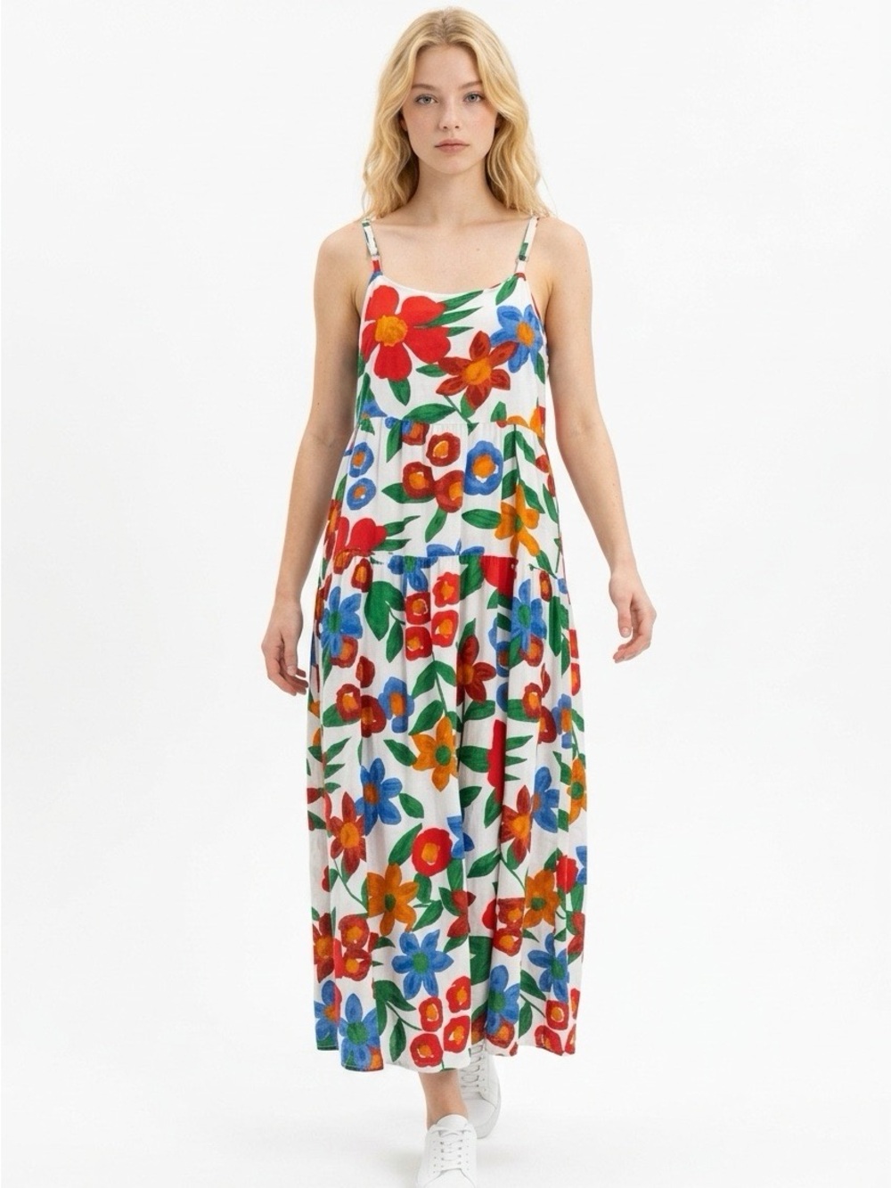 Floral Maxi Dress XL White Red Blue Green Vacation Resort Sundress